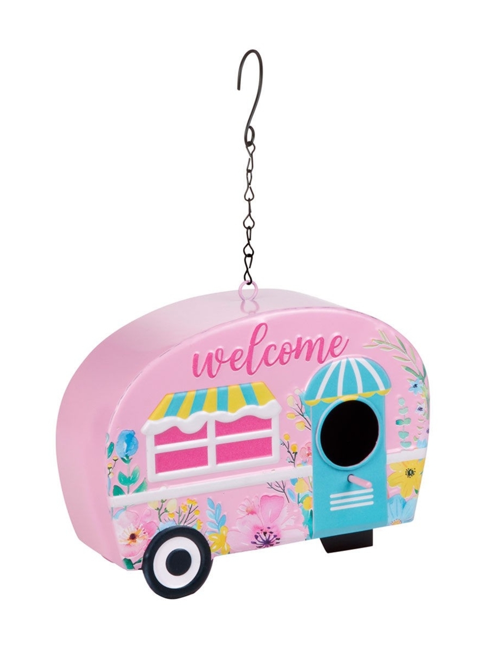 Pink 'Welcome' Caravan Metal Bird House